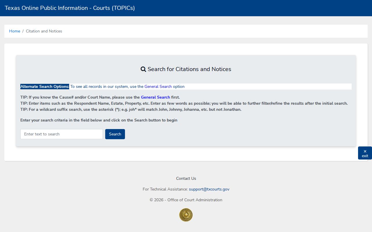 Texas citation and notice search fields for Wheeler County date research