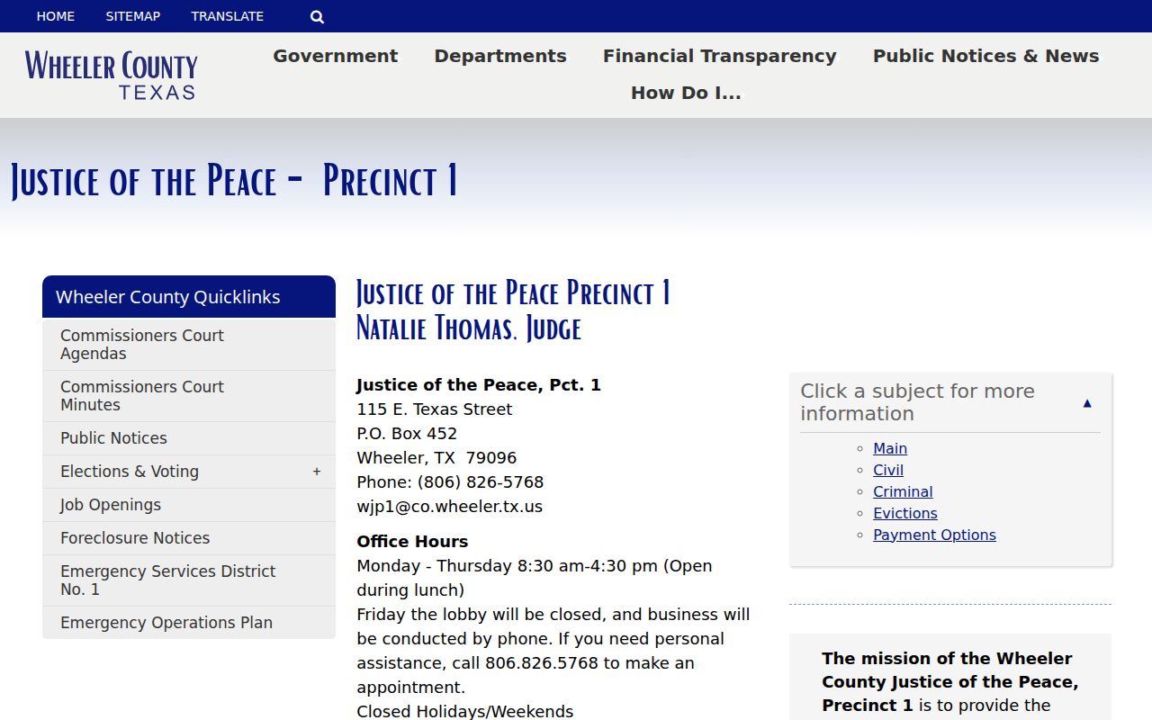 Wheeler County traffic tickets JP1 address and citation route