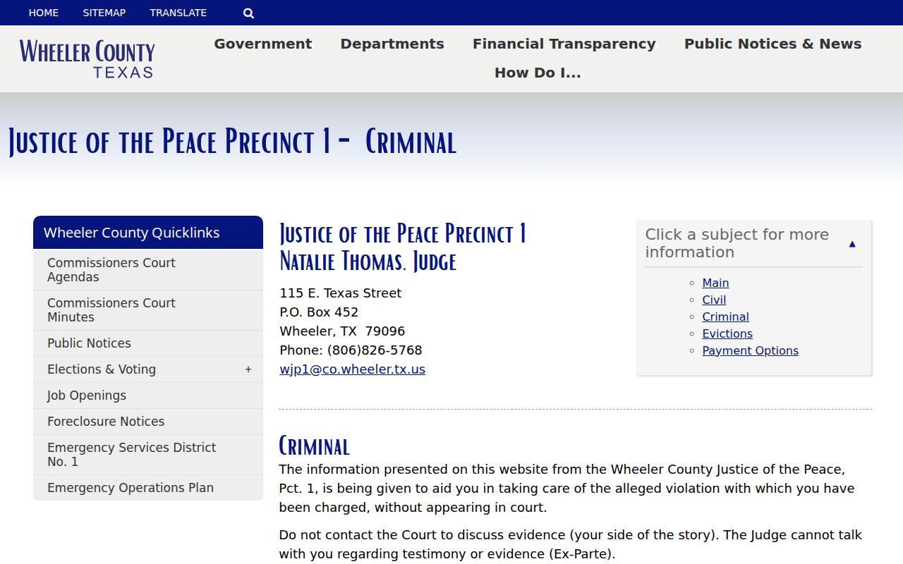 Wheeler County JP1 criminal plea and docket call instructions