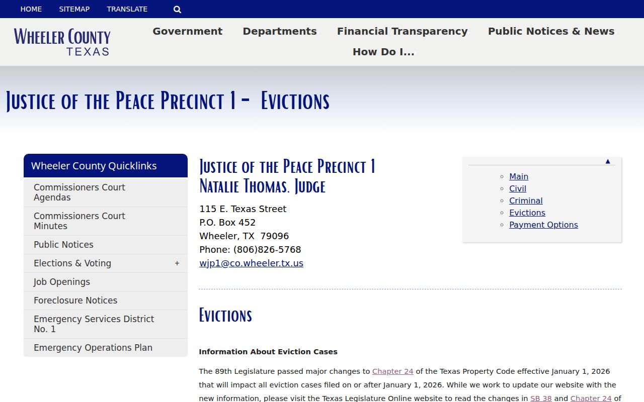 Wheeler County JP1 notice about 2026 eviction rule changes