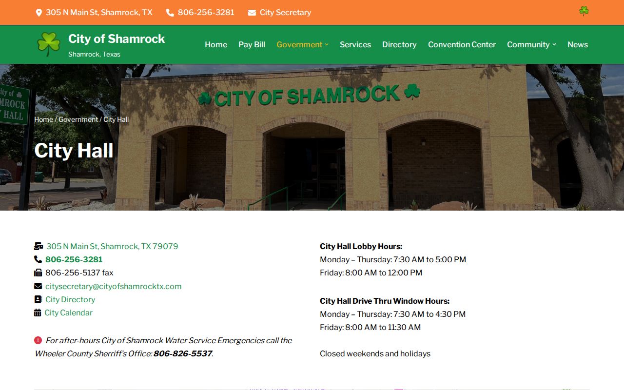 Shamrock City Hall page for Wheeler County municipal routing