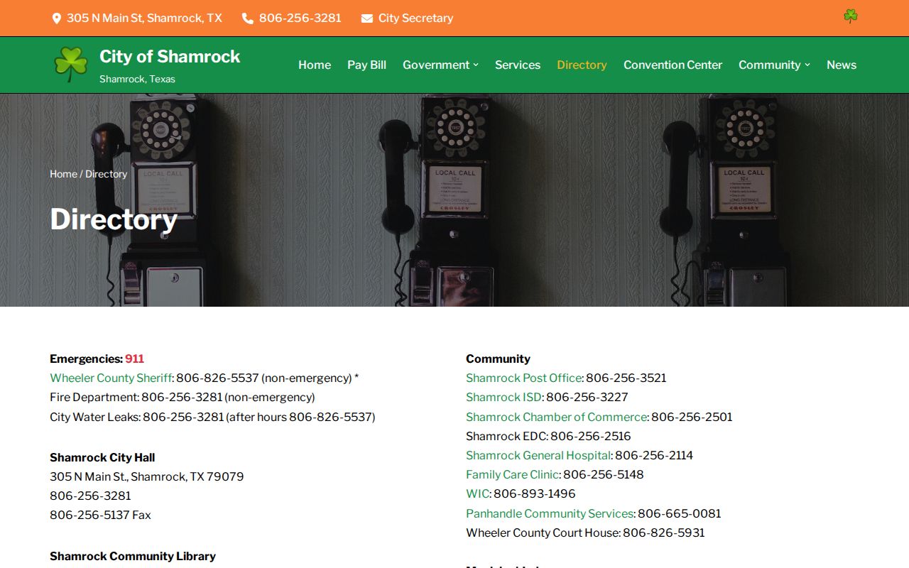 Shamrock directory showing Wheeler County JP2 municipal routing