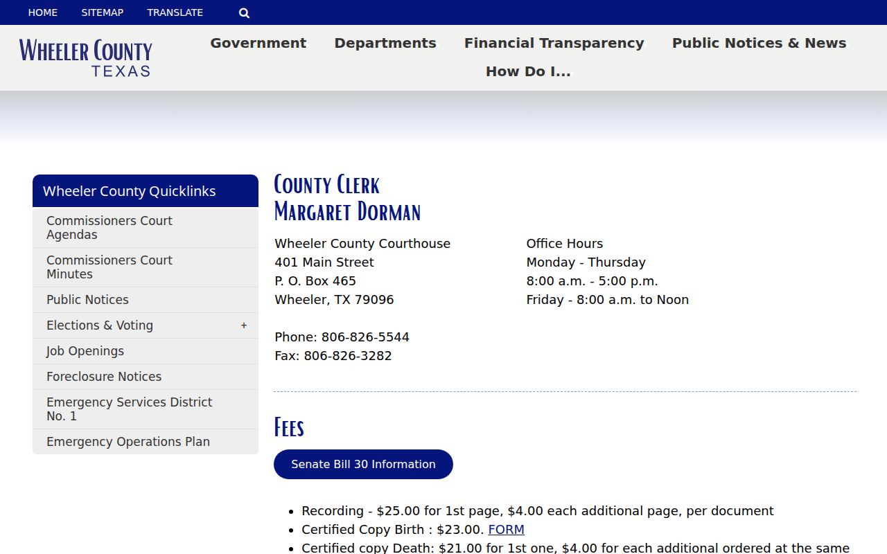 Wheeler County Clerk page with online records and office information