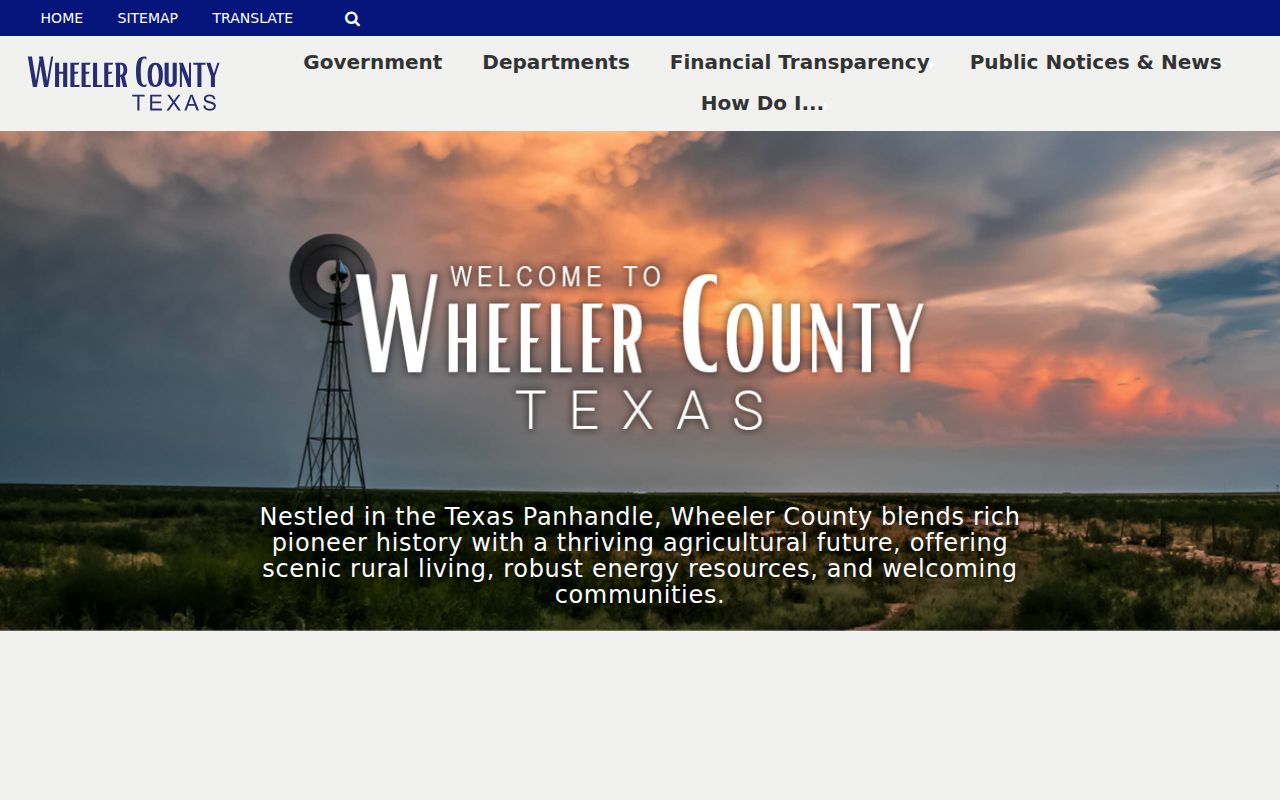 Official Wheeler County homepage showing the county courthouse