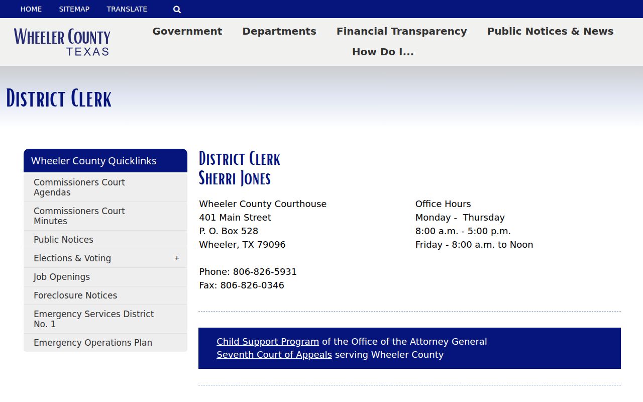 Wheeler County District Clerk page and court activity reports